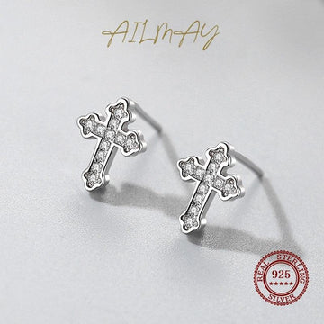 Authentic Silver Simple Shiny AAA+ Zircon Mini Cute Cross Stud Earring for Women - Fashion Christian Fine Jewellery - The Jewellery Supermarket
